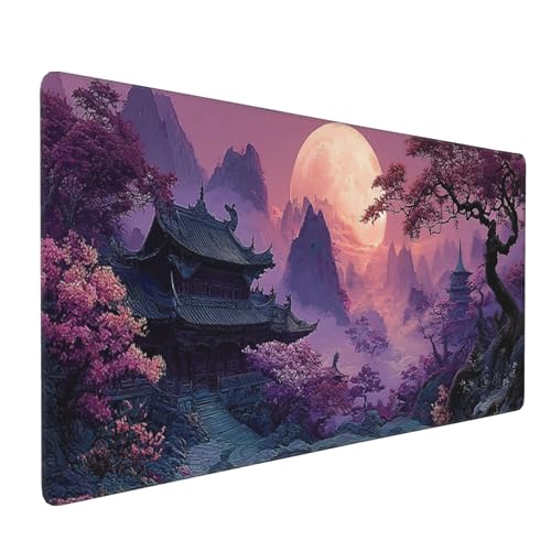 Large Gaming Desk Mat, Fantasy Japanese Temple Design, Purple, 35.4" x 15.7", Non-Slip Rubber Base, Stitched Edges - color: Modern starry sky pattern print
