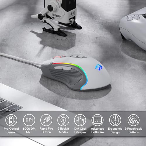 Redragon M612 Wired RGB Optical Gaming Mouse 8000 DPI Remapping Keys | Stable Lag-Free Connection, Redefine Keybinding Macro, Rapid-Fire Side Clicker, Vibing Backlight - color: Gray, style: Wired