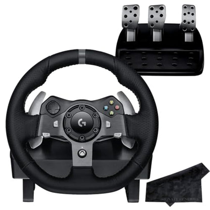 Logitech G920 Driving Force Racing Wheel and Floor Pedals for Xbox Series X|S, One, PC – Real Force Feedback, Hand-Stitched Leather, Stainless Steel Paddle Shifters with Signature Series Microfiber Lens Cloth