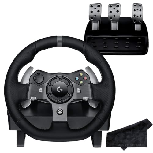 Logitech G920 Driving Force Racing Wheel and Floor Pedals for Xbox Series X|S, One, PC – Real Force Feedback, Hand-Stitched Leather, Stainless Steel Paddle Shifters with Signature Series Microfiber Lens Cloth