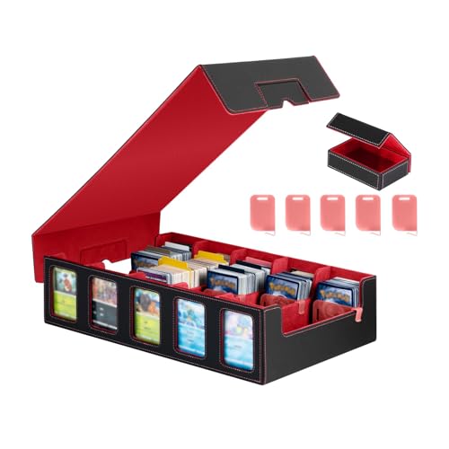 Trading Card Storage Box with Commander Display, 5-Row Deck Case with Removable Lid & Handle, 4000+ Card Organizer with 48 Colorful Dividers & 5 Stoppers for MTG, Black & Red - color: Black & Red, size: 4000+, with Handle