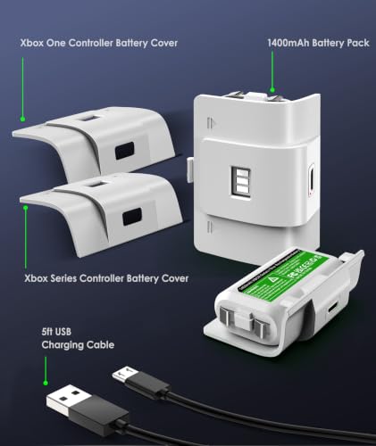 Rechargeable Xbox Battery Pack Compatible with Xbox Series X|S, Xbox One/One S/One X/Elite Controllers, 1400mAh Xbox Controller Battery Pack Rechargeable with USB Cable, Play While Charging,White - color: White