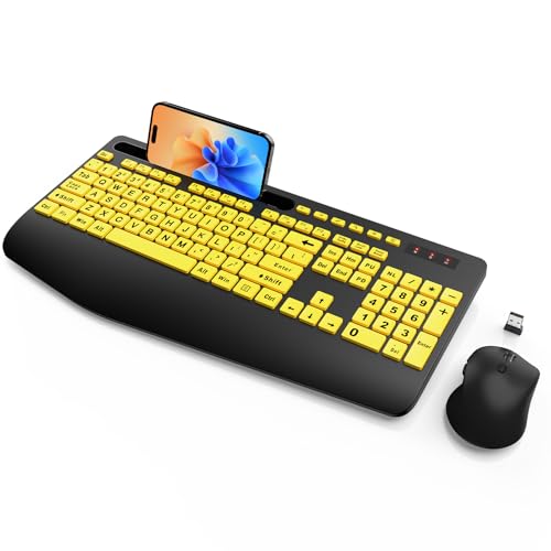 SABLUTE Wireless Keyboard and Mouse Combo with Large Print, Ergo Wrist Rest | 2.4G Lag-Free, Phone Holder, Silent Typing, Full Size High Contrast, KM23D Battery Powered Set for Low Vision and Elderly - color: Yellow & Black, size: 1 Pack