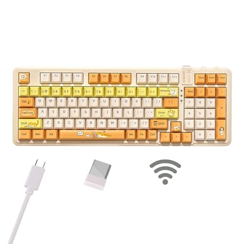 AUSDOM 98Pro Wireless Mechanical Keyboard, Tri-Mode Bluetooth/2.4GHz/USB-C Gasket Hot Swappable Custom Gaming Keyboard with Backlit, PBT Keycaps, Linear Switches, for Windows/Mac/PC (Yellow Cat Theme) - color: Yellow