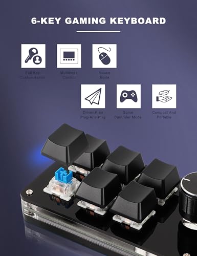 Dioche 6-Key Programmable Mechanical Keypad with Knob, USB Mini Macro Pad One-Handed Gaming Keyboard, Custom Shortcut Keyboard for PC, Type-C Plug & Play (Black)