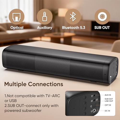 Saiyin 11.7-inch Sound Bar, Small Size & Big Power, Powered by AC Adapter | Soundbar with Bluetooth 5.3/Optical/Auxiliary Inputs, 48W Peak Power, Compact Sound Bar for Smart TV, PC, Gaming - size: 11.7 inches