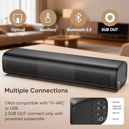 Saiyin 11.7-inch Sound Bar, Small Size & Big Power, Powered by AC Adapter | Soundbar with Bluetooth 5.3/Optical/Auxiliary Inputs, 48W Peak Power, Compact Sound Bar for Smart TV, PC, Gaming - size: 11.7 inches