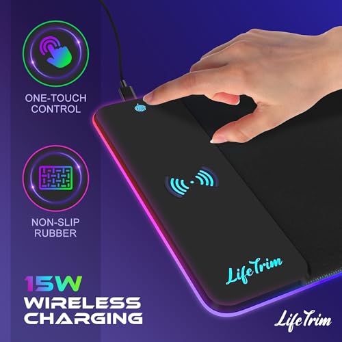 LifeTrim RGB Gaming Mouse Pad with Wireless Charging 15W, LED Mousepad 35.5x12 Inch XXL Large Desk Mat, 10 Light Modes, 4mm Thick Non-Slip Waterproof Keyboard Pad for PC MacBook Laptop, Gamer Gift