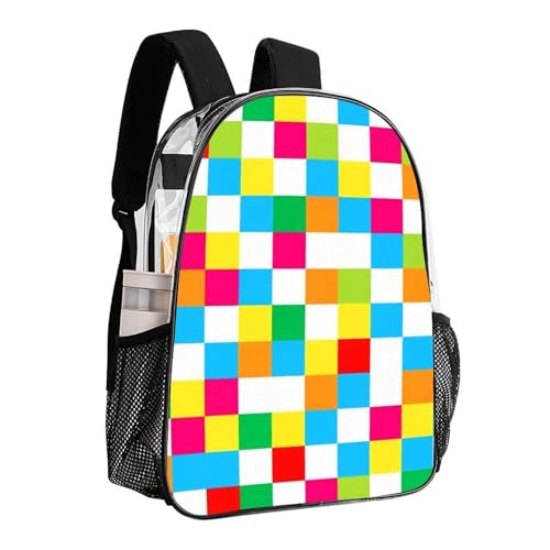 Clear Backpack with Mesh Pockets Stadium College Work | Stadium Approved, Colorful Checkerboard Print, Transparent, PVC See Through Bag for Beach Towels Seaside Sand Water - color: Pattern (507)