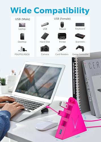 USB Hub 3.0, JoyReken 4-Port USB Splitter for Laptop, Ps4 Keyboard and Mouse Adapter Compatible with Xbox, PC, MacBook, Surface Pro, Flash Drive, HDD, Console, Printer, Camera,Keyborad,Mouse, Hot Pink - color: HotPink-A