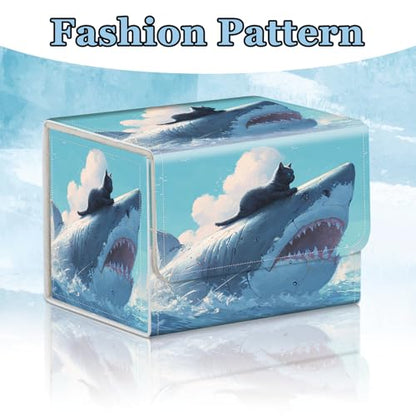 Commander Deck Box for Trading Cards - Fits 100+ Double Sleeved Cards, PU Leather MTG TCG Storage Case with Strong Magnetic Closure, Cat and Mechanical Shark - color: Cat and Mechanical Shark