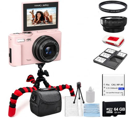 Acuvar 4K 48MP Digital Camera Kit for Photography, Vlogging Camera for YouTube with Flip Screen, WiFi, Wide Angle & Macro Lens, 64GB Micro SD Card, 12" Flexible Tripod, Carrying Case - style: Vlogger Essentials Kit