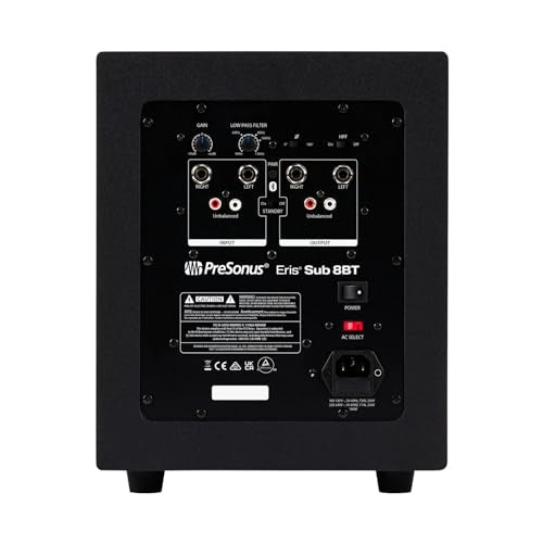 PreSonus Eris Sub 8BT — 8" Inch Powered Subwoofer, Powered Sub, Active Subwoofer, Wireless, Bluetooth, Home Audio, Bass Speaker, Home Theater, Music Production, Gaming | 8 Woven Glass-Fiber Driver, 100W Class-Ab Amp, Low-Pass 50-130 Hz, High-Pass 80 Hz -