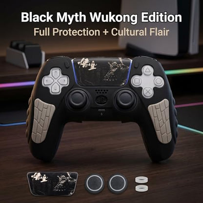 ECHZOVE Black Myth Wukong PS5 Controller Cover Skin with Thumb Grips, Gray | PS5 controller cover set with silicone skin, 2 thumb caps, 4 joystick protectors and touchpad sticker - color: Gray