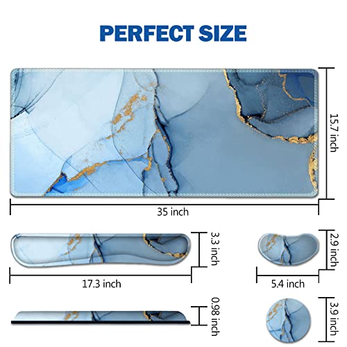 AIMSA Large Gaming Mouse Pad Set, Keyboard Wrist Rest Support Mouse Pad, Ergonomic Memory Foam Multifunctional Extended Desk Mat 35x15.7in Anti-Slip Rubber Base for Office Home, Blue Marble - color: Blue Marble