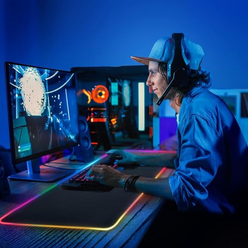 Mouse Pad with Wireless Charging, Large Desk Mat RGB Gaming Mousepad, 10 Light Colors LED Gaming Pad Keyboard Pad with Ultra-Smooth Surface & Non-Slip Rubber Base, Waterproof Full Desk Mouse Pad - color: 31.5x11.81"-Black Right