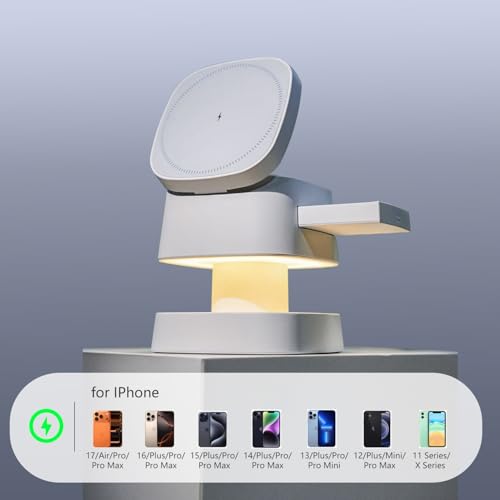 【2026 Upgraded】4 in 1 Wireless Charger, 3 in 1 Wireless Charging Station with Night Light for MagSafe Charger, 15W Magnetic Travel Stand for iPhone17/Air/Pro/Max/16/15/14/13/12, Apple iWatch, Airpods - color: white
