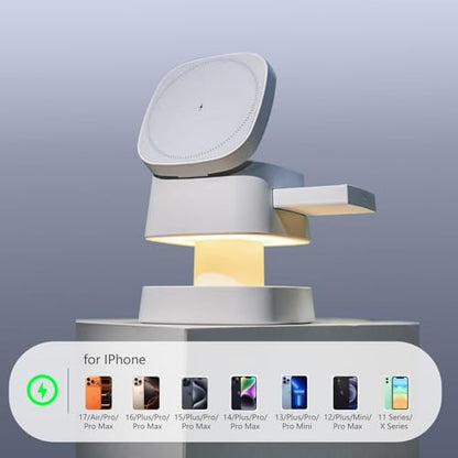 【2026 Upgraded】4 in 1 Wireless Charger, 3 in 1 Wireless Charging Station with Night Light for MagSafe Charger, 15W Magnetic Travel Stand for iPhone17/Air/Pro/Max/16/15/14/13/12, Apple iWatch, Airpods - color: white