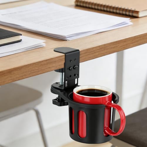 MYITYARD Desk Cup Holder Clamp, Clip On Table Cup Holder, Rotatable Water Bottle Stand Drink Coffee Mug Storage, Office Accessories for Home and School - color: Black-1