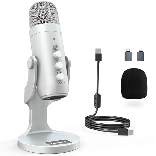 ZealSound Podcast Microphone for PC, Noise Cancellation USB Mic with Gain, Volume Adjustment & Mute Button, Monitoring & Echo, for YouTube, TikTok, Podcasting, Streaming, iPhone, iPad, Android(Silver) - color: Silver