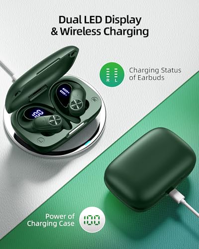 PocBuds Bluetooth Headphones Wireless Earbuds 80hrs Playtime Wireless Charging Case Digital Display Sports Ear Buds with Earhook Deep Bass IPX7 Waterproof Over-Ear Earphones for TV Phone Laptop Olive - color: Olive, style: Standard