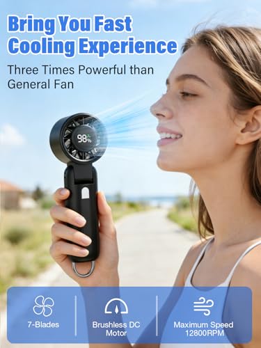 AI Handheld Fan Turbo, 100-Speed Portable Fan Rechargeable, Mini Fan with 12800 RPM Strong Airflow, Foldable 4-in-1 Personal Fan for Travel, Camping, Beach & Office, USB-C & Lightweight & Quiet - color: Black
