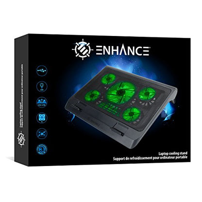 Enhance Gaming Laptop Cooling Pad Stand with LED Cooler Fans, Adjustable Height, & Dual USB Port for 17 inch Laptops - 5 Ultra Quiet High Performance Fans 2630 RPM & Built-in Bumpers - Green - color: Green