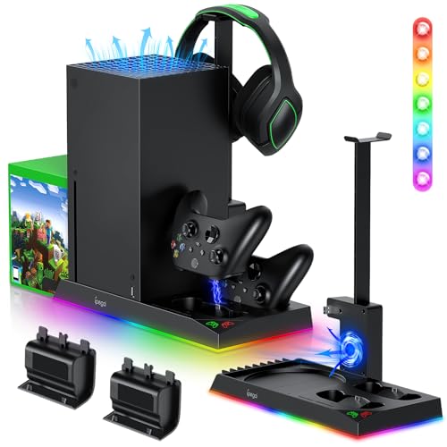 RGB Charging Stand with Cooling Fan for Xbox Series X Console & Controller | Dual Charge Station Cooler System Accessories with 15 RGB Light,2x1400mAh Rechargeable Battery,Headphone Stand,Game Disc Slot