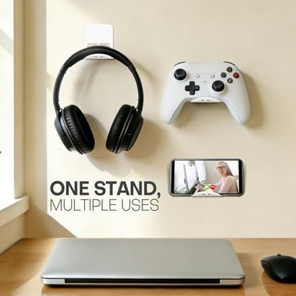 Wall Mount Headphone Stand, 2-in-1 Bendable Silicone Controller Holder, Adhesive Under Desk Hook for Gaming Office & Home, Fits All Headphones for PS5 Xbox Controllers - 1 Pack (Black/White) - color: White