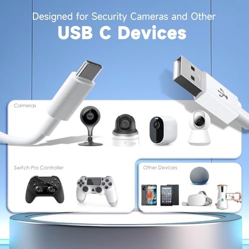 16.4ft/5M Long USB C Cable, Charging and Data Transfer, Durable USB A to USB C Power Charging Replacement Cord for Home Security Cameras, Phones, Switch Pro Controllers and More USB-C Devices-White - size: 16.4ft
