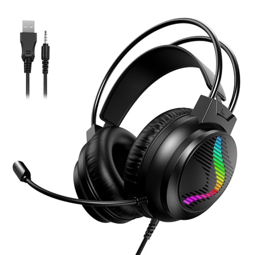 J11 Gaming Headset with Microphone, Noise Cancelling Gaming Headphones Compatible with PS4 PS5 Xbox One PC Laptop, Over-Ear Headset with LED RGB Light, 7.1 Stereo Surround Sound (Black) - color: Black