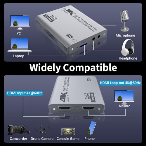 4K HDMI Video Capture Card with Loop-Out, USB 3.0, 1080P 60FPS/2K 30FPS, Audio & Video Streaming Capture Device for PS5, Switch, Camera, PC, Compatible with OBS