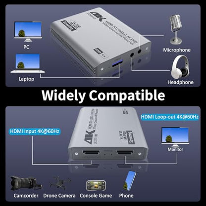 4K HDMI Video Capture Card with Loop-Out, USB 3.0, 1080P 60FPS/2K 30FPS, Audio & Video Streaming Capture Device for PS5, Switch, Camera, PC, Compatible with OBS