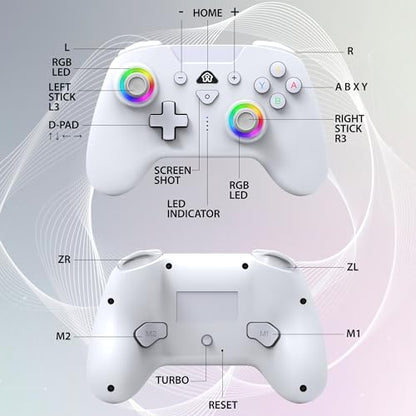 SUBSONIC Switch and Switch 2 Wireless Controller - LED Pro controller White | Pro Controller Gamepad for Nintendo Switch 2 and Nintendo Switch, Ergonomic, Programmable LED, Vibration Function, Gyroscope - color: White