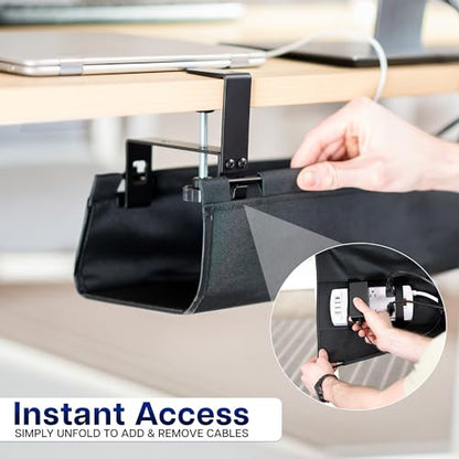 VIVO Clamp-on Under Desk 16 inch Fabric Cable Management Tray, Wire Concealer, Power Strip Storage, Workspace Organization, Easy Fold Down Access, Black, DESK-AC16F-C - size: 16"