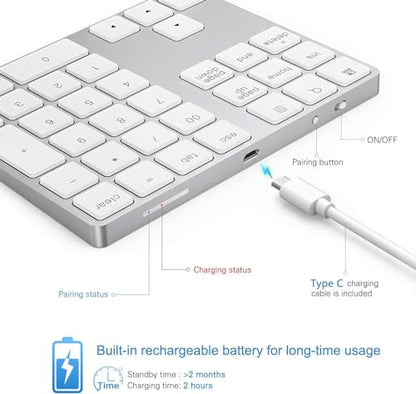 Lekvey Bluetooth Number Pad, Aluminum Rechargeable Wireless Numeric Keypad Slim 34-Keys External Numpad Keyboard Data Entry for Laptop, MacBook, MacBook Air/Pro, iMac, Windows, Surface Pro - Silver - color: White and Silver