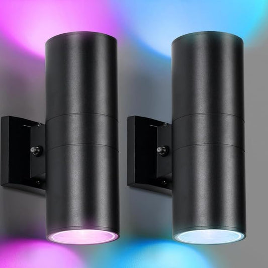 RGBCW Outdoor Wall Light 2 Pack, Smart Porch Light Dusk to Dawn Lighting with Remote Control.WiFLOutdoor WallSconce.Compatible with Alexa. Exterior Lights for House Porch Garage - color: Black-Cylinder 1, size: 2 Pack