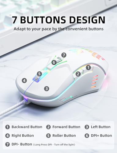 Wired PC Gaming Mouse: High Precision Sensor,RGB Backlit, Adjustable DPI, 7 Buttons Programmable,Ergonomic mice for Office & Gaming on Windows/Mac/Linux/Chrome-White - color: White