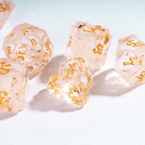 Cusdie Sharp Edge DND Dice, 7 PCS Shamrock DND Dice Set D&D D20 D12 D10 D8 D6 D4, Handcrafted Polyhedral Dice Set for RPG and Other Table Games(White with Gold Foil) - color: White With Gold Foil