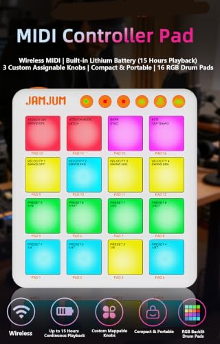 Mini Wireless MIDI Controller Pads, Mini Controller Pad for Beat Making & DJ Performance, 16 RGB Velocity Pads with Aftertouch, Bluetooth & USB MIDI