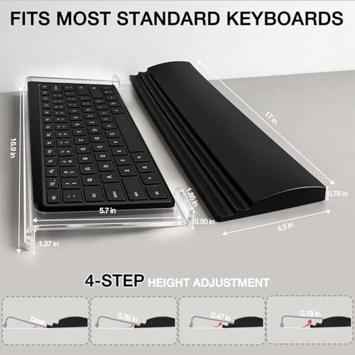 Acrylic Keyboard Stand w/Silicone Wrist Rest Adjustment, Ergonomic | 4-Level Height, Wrist Rest Set 16.9 x 5.7",Computer Keyboard Riser, for Easy Typing Office, Gaming, Home Desks, Clear & Black