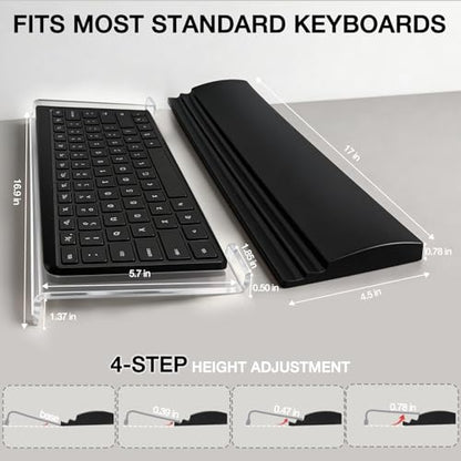 Acrylic Keyboard Stand w/Silicone Wrist Rest Adjustment, Ergonomic | 4-Level Height, Wrist Rest Set 16.9 x 5.7",Computer Keyboard Riser, for Easy Typing Office, Gaming, Home Desks, Clear & Black