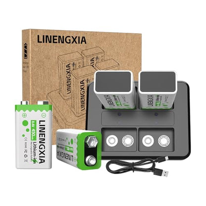 9V 450mAh Li-ion Rechargeable 4-Pack with 4-Slot Charger | 4-Slot Smart Charger, Independent Charging, MCU Protection, for Mics/Multimeters/Alarms, 1200 Cycles