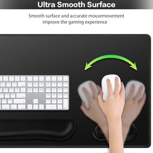 Mouse Pad Black, Mouse Pad with Wrist Rest, 4-in-1 Large Mousepad+Keyboard Wrist Rest+Mouse Pad Wrist Support+Cup Pad Set,Ergonomic Anti-Slip,Memory Foam Desk Mat for Home Office Gaming(35.4×15.7in) - color: Black