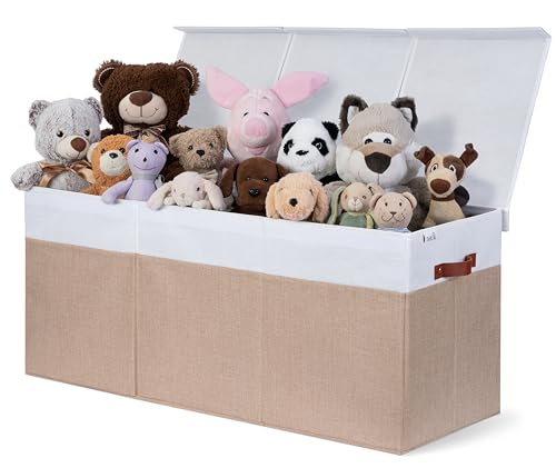 SoftOwl Extra Large Toy Storage Organizer with Lid - Sturdy, Collapsible Toy Chest Storage Box Design - Toys Bin with Dividers for Kids, Nursery, Bedroom, Playroom 37"x16"x14" - color: Beige & White