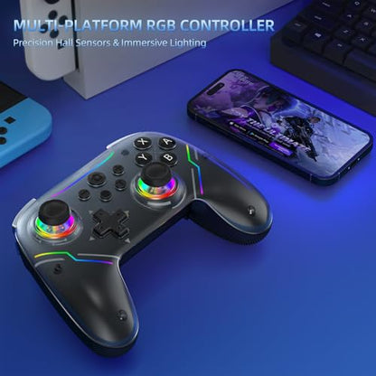JDDWIN Wireless Controller for Switch 2/Switch/PC/Steam Deck, Hall Effect Joysticks & Triggers/Wake-up Function, Gamepad with RGB Light /Turbo/Programmable/ Dual Vibration Bluetooth USB Adapter for PC (Black) - color: Black