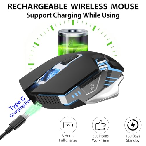 Bluetooth Gaming Mouse, RGB Rechargeable USB Wireless Mouse, Quiet Click, LED Backlit, Ergonomic, with Side Button, 6 Button, DPI Adjustable, Computer Mice for Laptop PC MacBook Chromebook - Black - color: Black