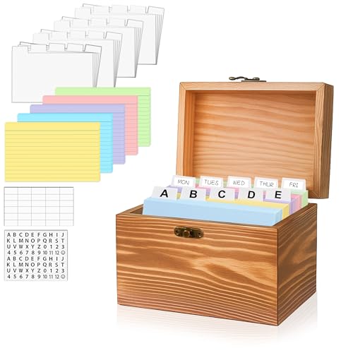 MOBYKE Index Card Holder 3x5, wooden Origanizer Recipe Box with 100 PCS Flash cards, 30 White Dividers, 1 Blank Sticker and 1 Letter Sticker, Flashcard Notecard Holders for Home Office - color: colorful, size: 3x5