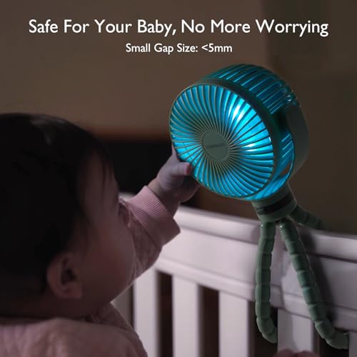 Momcozy 8000mAh Portable Stroller Fan, 27H Ultra-long Battery Life Detachable 4 Speed 360°Rotate LED Night Light with 2 Modes, USB Rechargeable Handheld Cooling Fan for Travel/Car Seat/Bedroom - color: Green