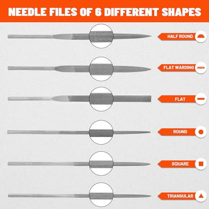 ValueMax 7PCS Interchangeable Needle File Set, Small File Set | Includes Flat, Flat Warding, Round, Half-Round, Square, Triangular File and Handle, For Shaping Metal, Wood, Jewelry, Plastic